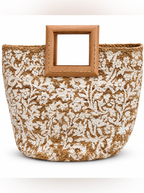 Antik Kraft Handbags - Antik Kraft Natural Straw Tote with White Floral Embroidery